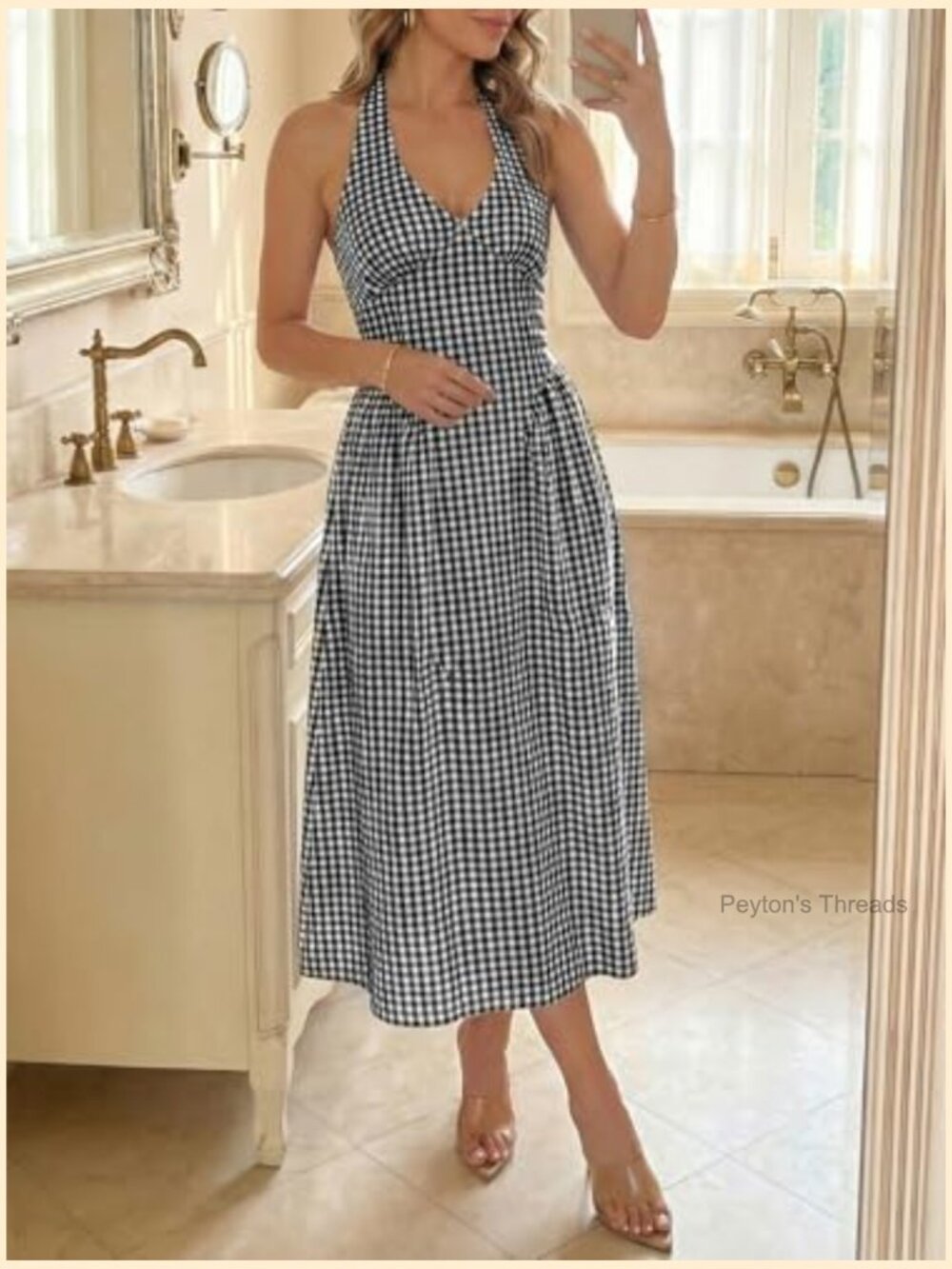 Halter V Neck Corset Maxi Dress Plaid Smocked Tie Back Backless Drop Waist - Picture 5 of 7